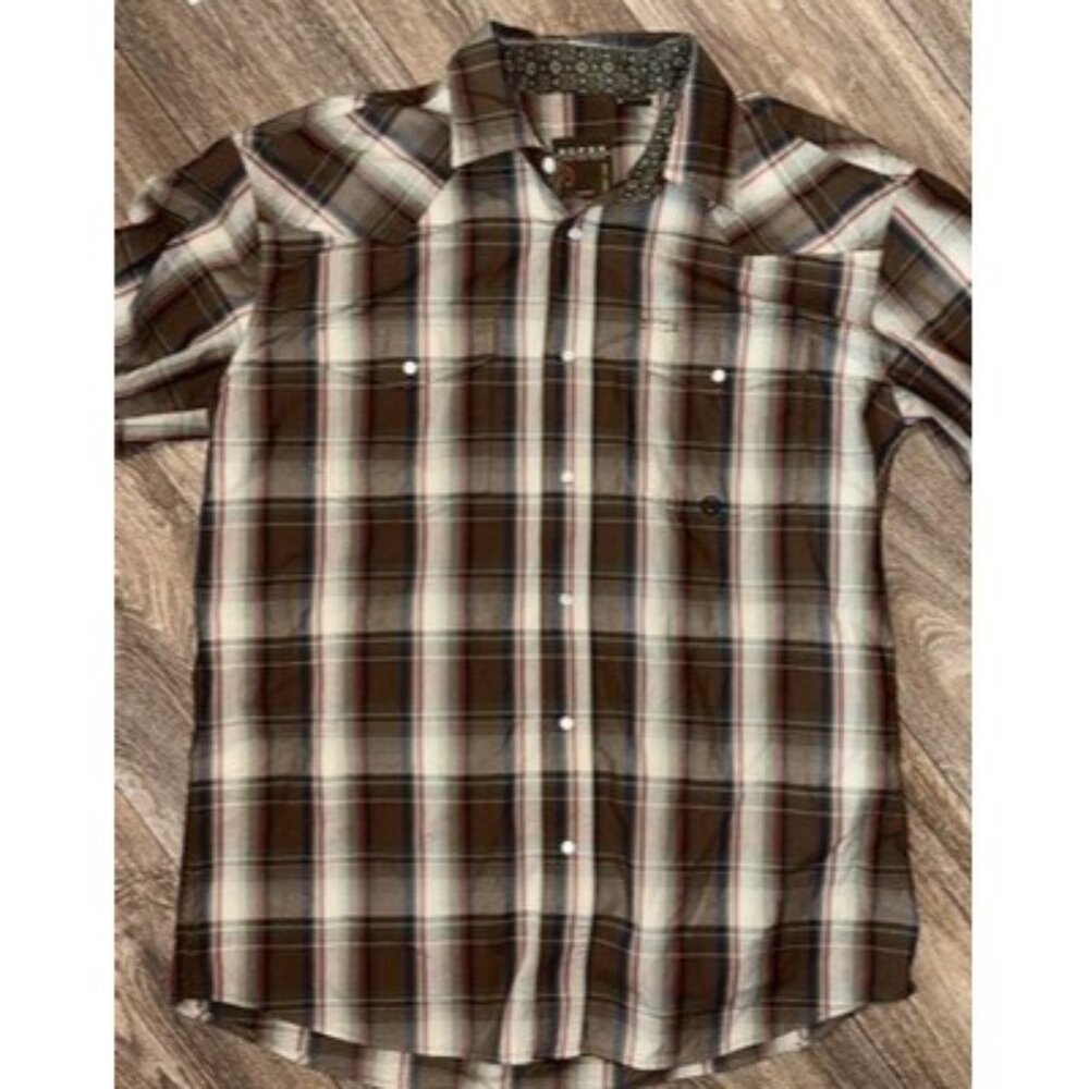 Roper Wear The West Pearl Snap Long Sleeve Plaid Shirt, Brown and Blue, Size M